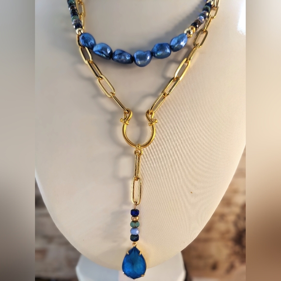 Blue Glass Czech Beads & Crystal Pendant In Two Strand Paperclip Necklace - Picture 3 of 10